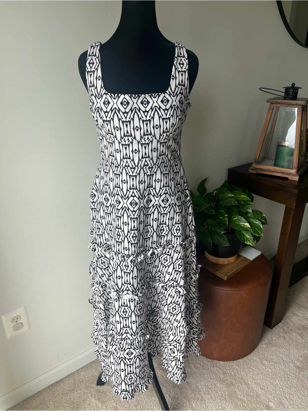 Anthropologie Black & White Geometric Tiered Midi Dress